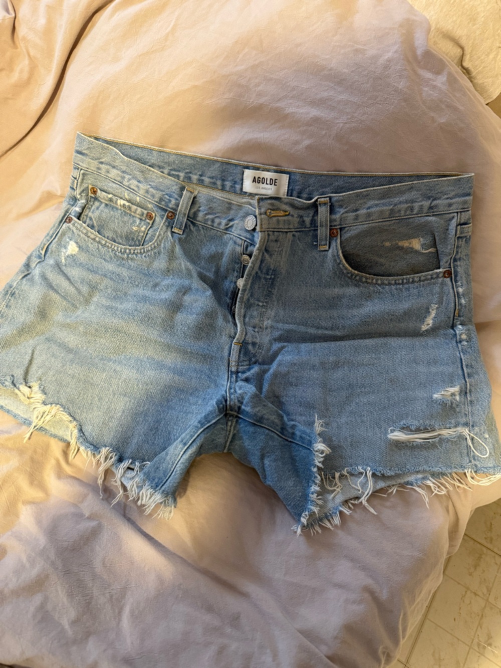 Agolde Light Blue Distressed High-Rise Denim Shorts